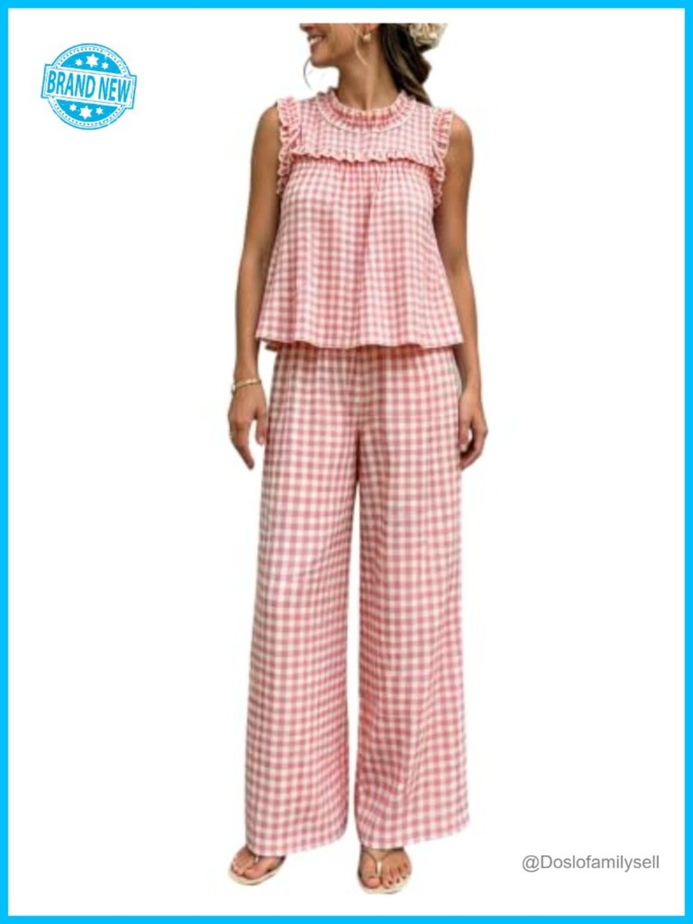 Women's 2 Piece Cotton Gingham Set Sleeveless Crop Top & Wide Leg Pants